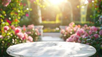 lujoso blanco mármol mesa conjunto en contra un suavemente borroso Rosa jardín con ligero Bokeh, a la medida para elegante producto escaparate antecedentes foto