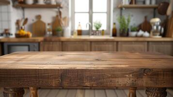 Functional wooden shooting table in a kitchen setting, featuring an empty tabletop and blurred room background, perfect for food and kitchenware photography photo