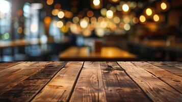 animado de madera mesa conjunto en contra el difuminar de un vibrante restaurante fondo, exudando un atmósfera de energía y calor foto