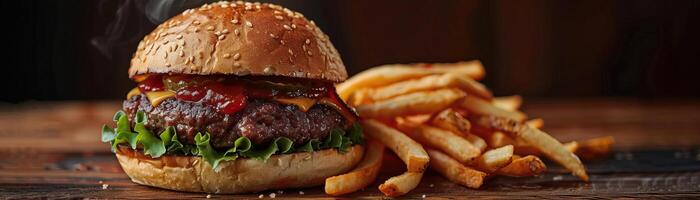 A contemporary setup of a beef burger with hand-cut fries, steam visible, set on a polished wooden surface, ambient light enhancing the meal, ample space above for minimalist text. photo
