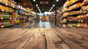 Empty wooden table with a beautiful grocery store background, featuring aisles of colorful products, ideal for food marketing and promotions photo