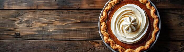 A contemporary setup of a pumpkin pie with a sleek spiral of whipped cream, set on a polished dark wood table, ambient light enhancing the golden hue of the pie, ample space above photo