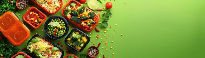 A contemporary setup of assorted gluten-free lunchboxes on a bright lime green table, ambient light highlighting the fresh ingredients, ample space above for minimalist text. photo