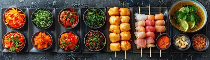 A contemporary setup of Thai finger foods neatly arranged on a polished concrete slab, ambient light accentuating the textures and colors, ample space above for minimalist text. photo