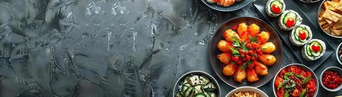 A contemporary setup of Thai finger foods neatly arranged on a polished concrete slab, ambient light accentuating the textures and colors, ample space above for minimalist text. photo