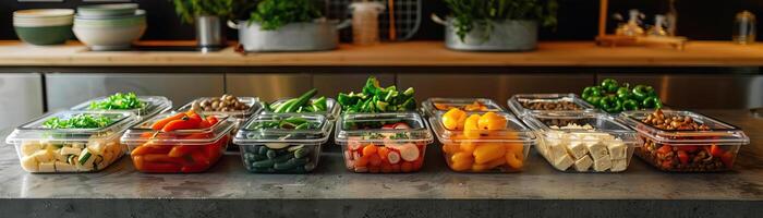 A contemporary setup of a vegan meal prep station, containers of cut vegetables and seasoned tofu ready, set on a polished concrete slab, ambient light accentuating the natural col photo
