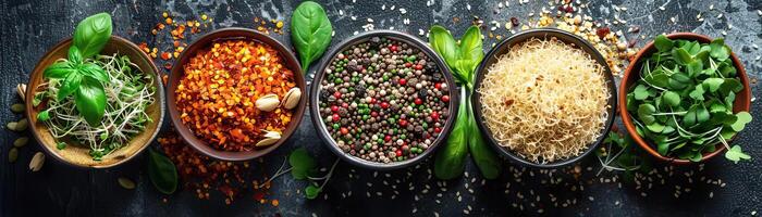 A contemporary setup of a raw food diet platter, including sprouts, seeds, and nuts, set on a polished concrete slab, ambient light enhancing the textures, ample space above for mi photo