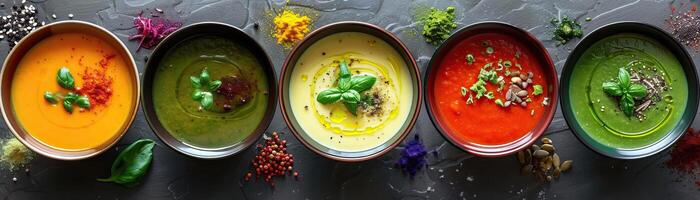 A contemporary setup of vibrant vegetable cream soups arranged on a polished concrete slab, each soup topped with a decorative garnish, ambient light enhancing the visual appeal, a photo