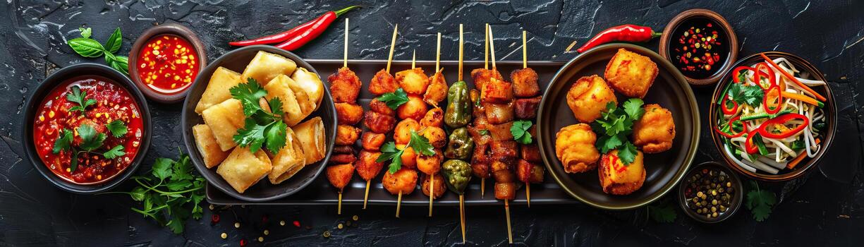 A contemporary setup of Thai finger foods neatly arranged on a polished concrete slab, ambient light accentuating the textures and colors, ample space above for minimalist text. photo