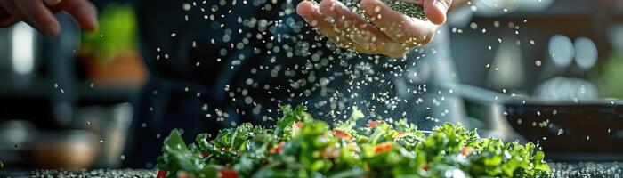 A detailed close-up of a hand sprinkling seeds over a vibrant green salad, focusing on the action and textures, set against a muted, stylish backdrop, extensive space for text. photo