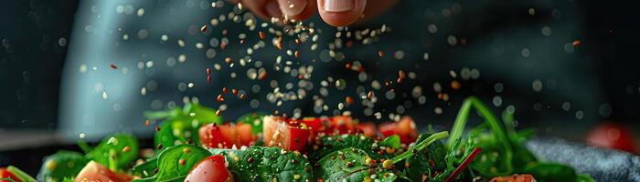 A detailed close-up of a hand sprinkling seeds over a vibrant green salad, focusing on the action and textures, set against a muted, stylish backdrop, extensive space for text. photo