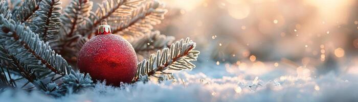 A detailed close-up of a red Christmas ball nestled among frosty fir branches, focusing on the contrast of textures and colors, set against a muted, stylish snowy backdrop, extensi photo