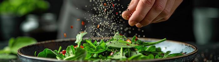 A detailed close-up of a hand sprinkling seeds over a vibrant green salad, focusing on the action and textures, set against a muted, stylish backdrop, extensive space for text. photo