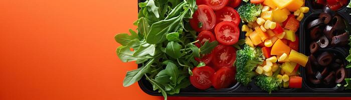 A detailed close-up of a lunchbox being packed with vibrant, fresh ingredients, focusing on the action and the textures, set against a muted, stylish orange backdrop, extensive spa photo