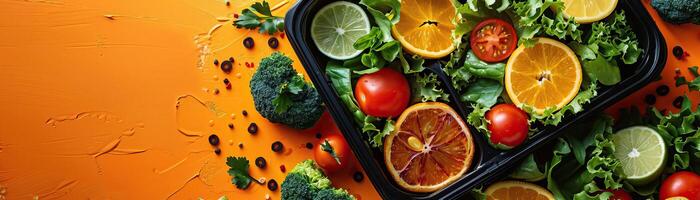 A detailed close-up of a lunchbox being packed with vibrant, fresh ingredients, focusing on the action and the textures, set against a muted, stylish orange backdrop, extensive spa photo