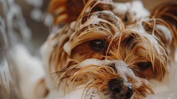 Close up washing a York shires coat with soap at a dog groomers photo