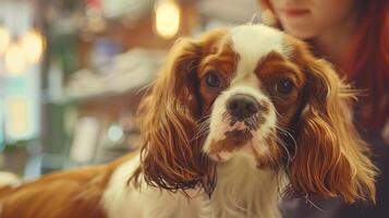 A vertical image of a Cavalier King Charles Spaniel receiving a trim from a young Japanese woman photo