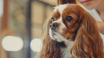 A vertical image of a Cavalier King Charles Spaniel receiving a trim from a young Japanese woman photo