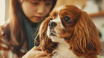 A vertical image of a Cavalier King Charles Spaniel receiving a trim from a young Japanese woman photo