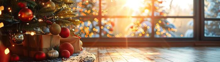 A cozy, natural light scene of a family room with a Christmas tree, its baubles glistening and lights softly blurred, panoramic copy space at the top. photo