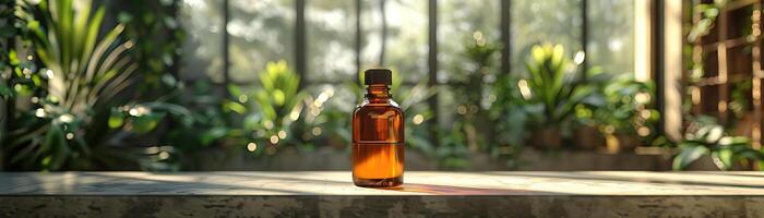 A contemporary setup with an amber oil bottle on a polished concrete slab, simple greenery in the background, creating a tranquil scene, ample space above for minimalist text. photo