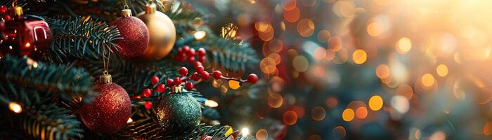 A cozy close-up of a Christmas tree corner, adorned with colorful baubles and the glow of blurred, warm white lights, ample space on the right for text. photo