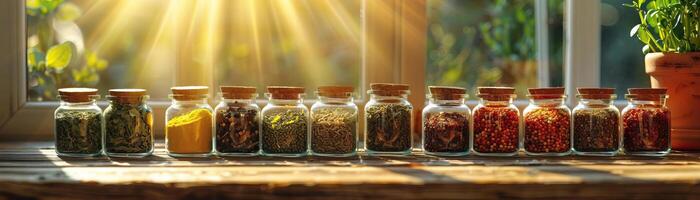 A cozy, natural light scene with a spice rack filled with small cups of organic dried herbs, soft light casting a gentle glow, panoramic copy space at the top. photo