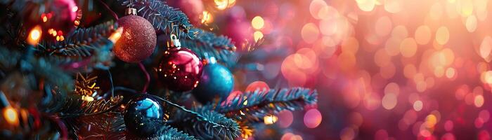 A cozy close-up of a Christmas tree corner, adorned with colorful baubles and the glow of blurred, warm white lights, ample space on the right for text. photo