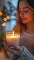 woman enjyoing the fragrance of a candle, candle is out of focus, at home, spring photo