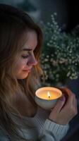 woman enjyoing the fragrance of a candle, candle is out of focus, at home, spring photo