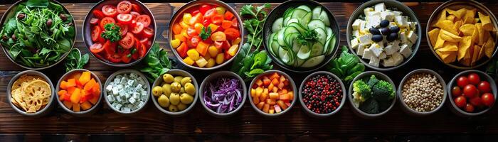 An elegant aerial view of a long table set for a buffet, featuring assorted salads with colorful toppings, the background softly fading, ample space for text. photo