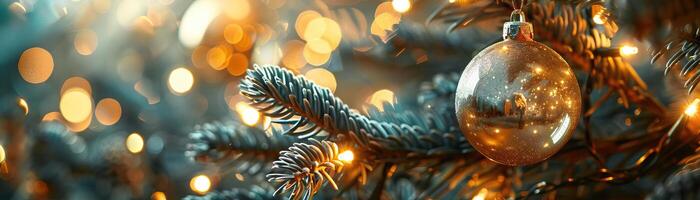 A detailed close-up of a Christmas tree bauble with a reflection of blurred lights, focusing on the festive shine, set against a muted, stylish backdrop, extensive space for text. photo