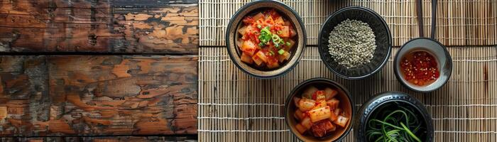 A zen-like setting with a simple arrangement of kimchi bowls, centered on a minimalist table, inviting focus and simplicity, wide space for copy on one side. photo