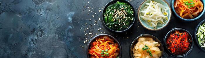 A zen-like setting with a simple arrangement of kimchi bowls, centered on a minimalist table, inviting focus and simplicity, wide space for copy on one side. photo