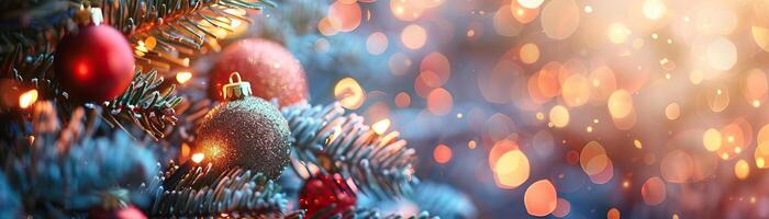A cozy close-up of a Christmas tree corner, adorned with colorful baubles and the glow of blurred, warm white lights, ample space on the right for text. photo