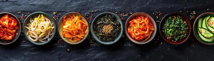 An artistic flat lay of different types of kimchi in ceramic bowls, each uniquely colored and textured, set against a dark slate surface, central void area for text. photo