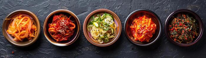 An artistic flat lay of different types of kimchi in ceramic bowls, each uniquely colored and textured, set against a dark slate surface, central void area for text. photo