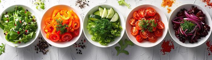 An artistic arrangement of mini salad plates, each with a different dressing and garnish, set against a uniform, light-colored background, broad negative space for text. photo