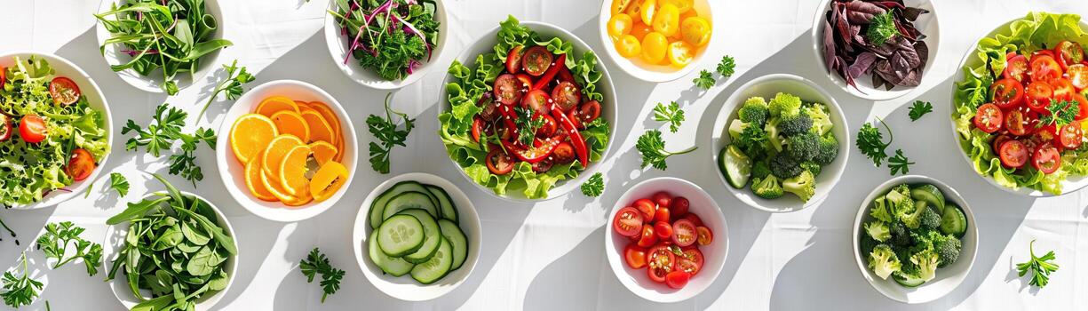An artistic flat lay of diverse salad bowls arranged on a bright white tablecloth, each salad uniquely composed, central void area for text. photo