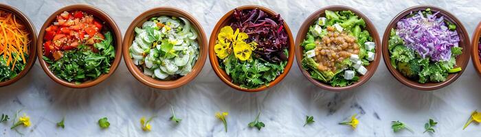 An artistic flat lay of diverse salad bowls arranged on a bright white tablecloth, each salad uniquely composed, central void area for text. photo