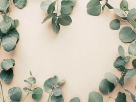 copy space on eucalyptus leaves on the beige background, flat lay, top view photo