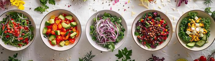 An artistic flat lay of diverse salad bowls arranged on a bright white tablecloth, each salad uniquely composed, central void area for text. photo