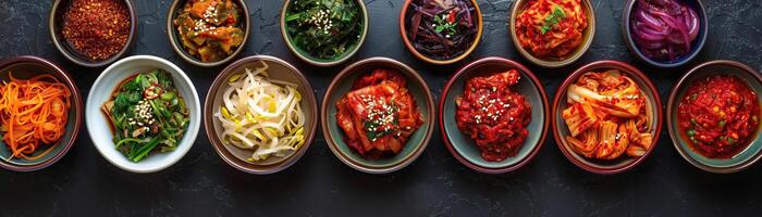 An artistic flat lay of different types of kimchi in ceramic bowls, each uniquely colored and textured, set against a dark slate surface, central void area for text. photo