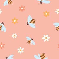 seamless pattern of bees and flowers on a pink background vector