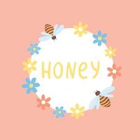 white circle of flowers and bees with word honey on pink background vector