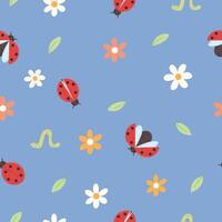 seamless pattern of ladybug, caterpillar, leaf and flowers on a blue background vector