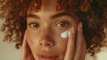 A beautiful woman with curly hair and freckles applies facial cream to her cheeks The gentle background and warm tones highlight her clear photo