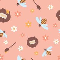 seamless pattern of bees, pot of honey and flowers on a pink background vector