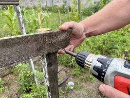 A tough construction worker applies wooden siding to a garage and drills screws photo