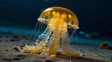 Beautiful yellow blue neon Jellyfish swim Under water photo